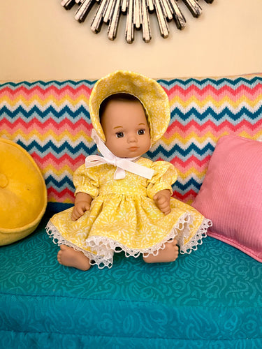 Vintage Yellow Print Dress, Bonnet & Bloomers for 8 inch Baby Doll (Made To Order 2 week turn around time)