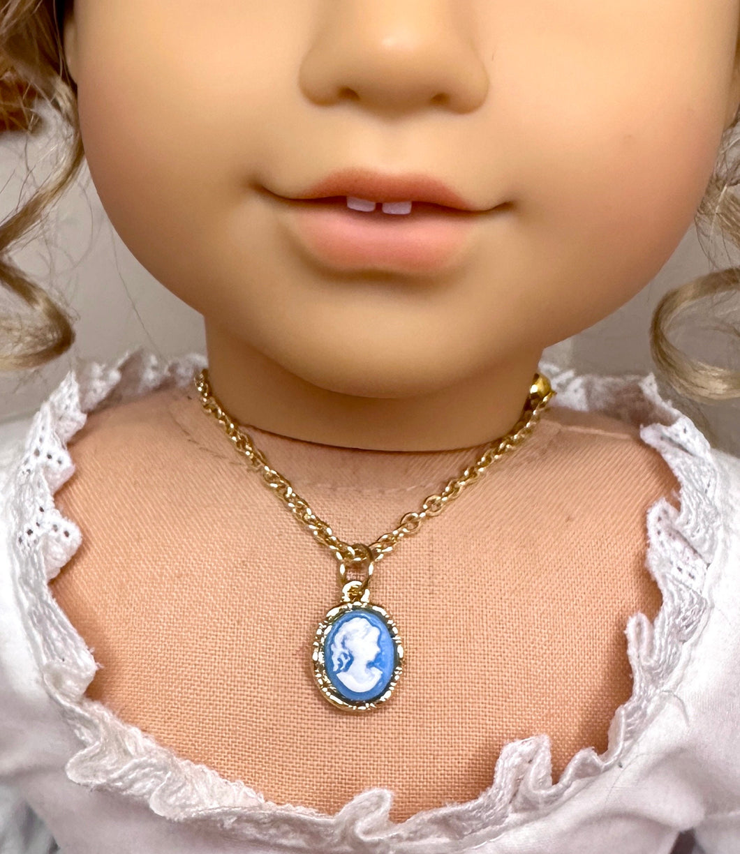 Blue Cameo Gold Necklace for 18inch Dolls | Doll Jewelry | Historical Doll Jewelry