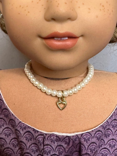 Pearl Heart Gold Charm Necklace for 18 inch Dolls | Doll Jewelry