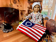 Load image into Gallery viewer, Betsy Ross Colonial Floral Dress with Colonial Cap and American Flag for 18 inch American Girl Dolls
