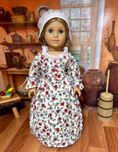 Load image into Gallery viewer, Betsy Ross Colonial Floral Dress with Colonial Cap and American Flag for 18 inch American Girl Dolls
