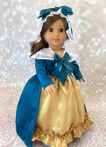 Martha Washington Teal Satin Robe a l’Anglaise Dress for 18 inch American Girl Dolls